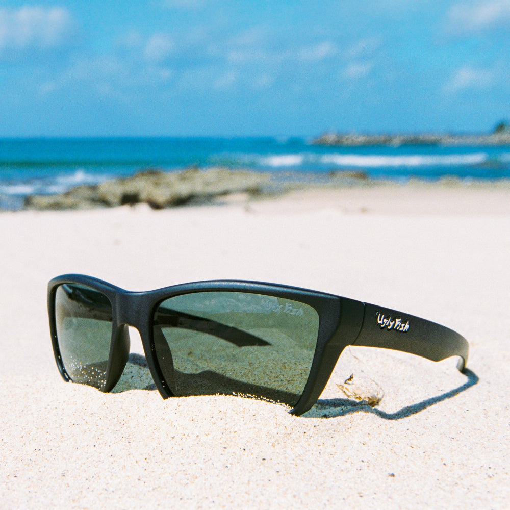 Ugly Fish polarised sunglasses on a sandy beach with ocean and sky in the background