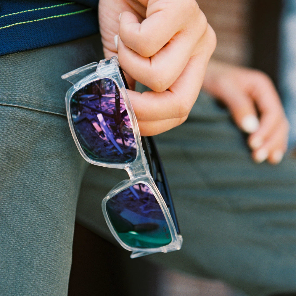 Person holding a pair of Ugly Fish Safety sunglasses with mirror lenses.