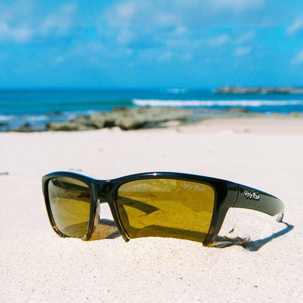 Ugly Fish polarised sunglasses on a sandy beach with ocean and sky in the background.