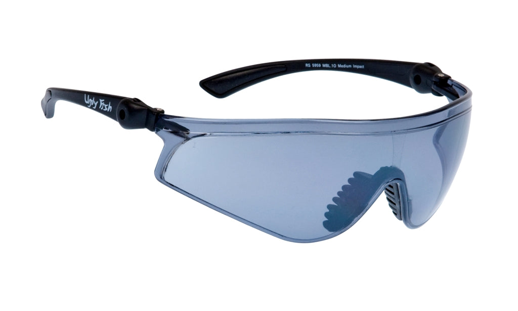 A pair of blue flare safety glasses from Ugly Fish with a TR-90 frame and soft nose pads.