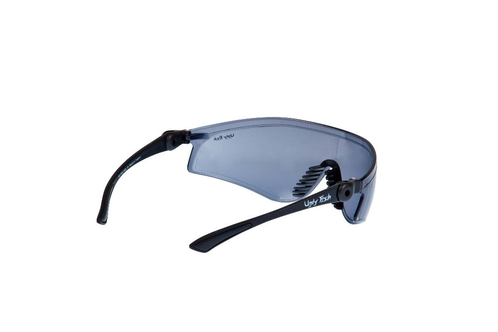 A pair of blue flare safety glasses from Ugly Fish with a TR-90 frame and soft nose pads.