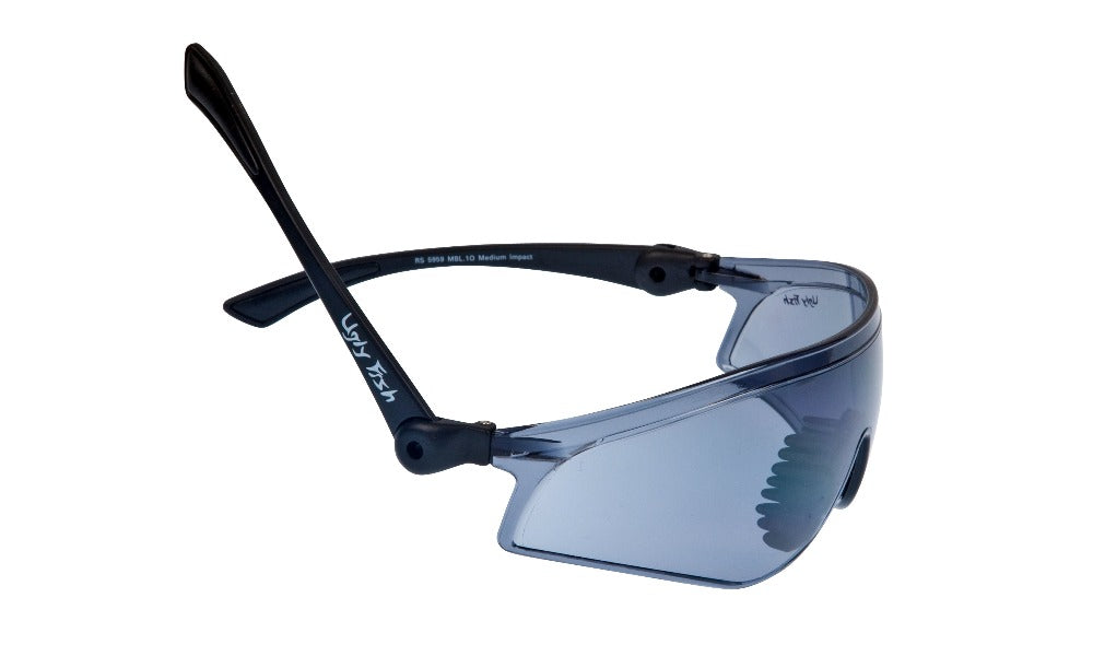 A pair of blue flare safety glasses from Ugly Fish with a TR-90 frame and soft nose pads.