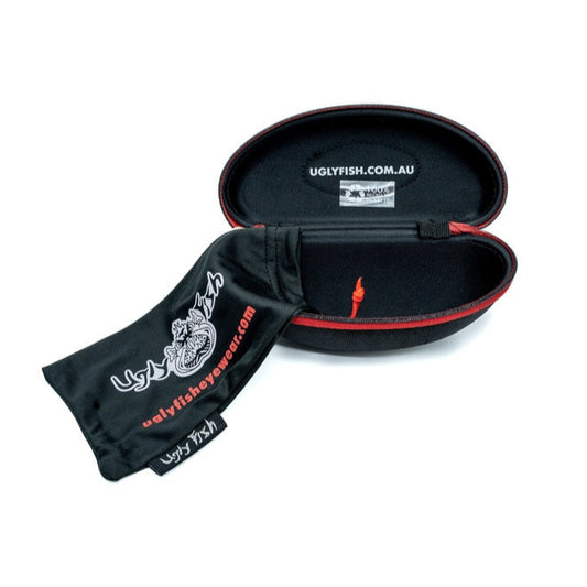 A black microfibre pouch and sports zip case with red accents, branded with 'UGLYFISH.COM.