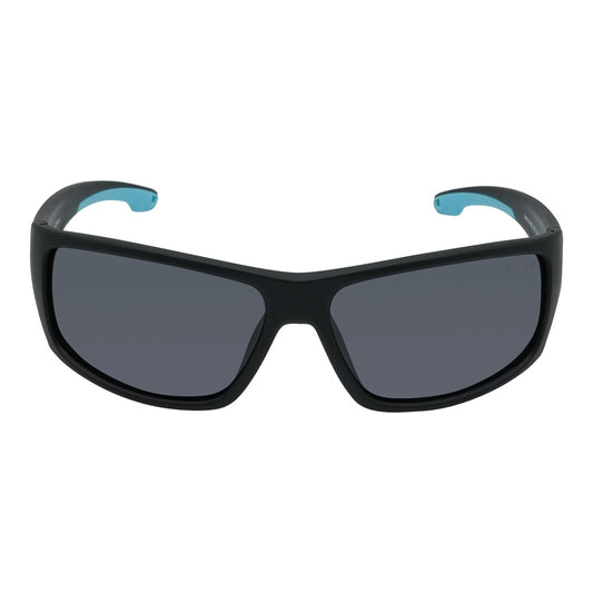 A pair of black Ugly Fish wrapped sunglasses with blue accents on the arms, featuring polarized lenses and designed to float on water.