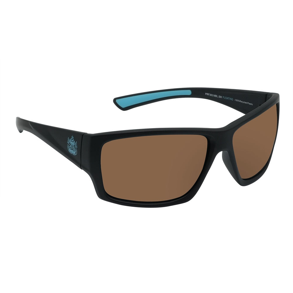 A pair of black Ugly Fish sunglasses with blue accents on the arms, featuring polarized lenses and designed to float on water.