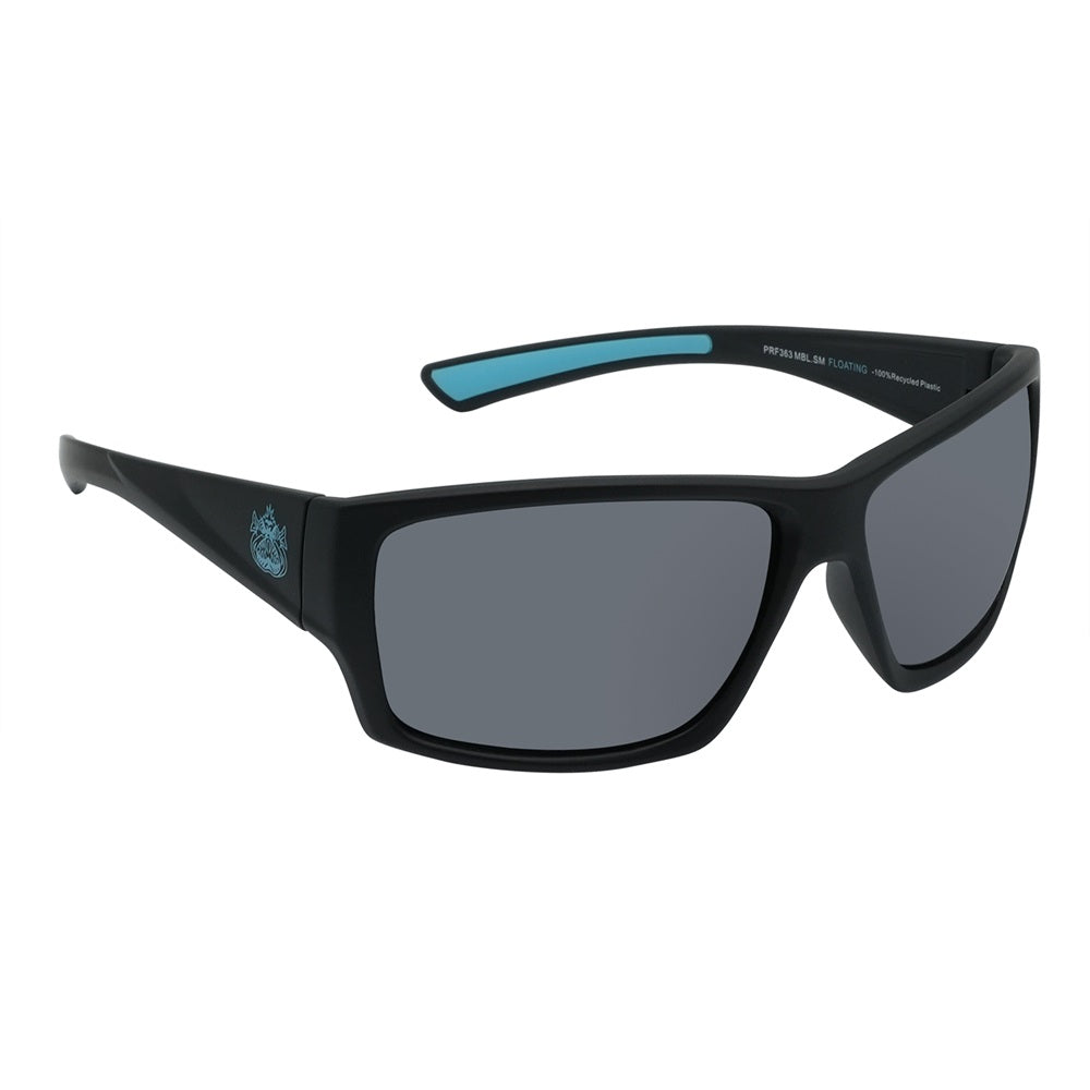 A pair of black Ugly Fish wrapped sunglasses with blue accents on the arms, featuring polarized lenses and designed to float on water.