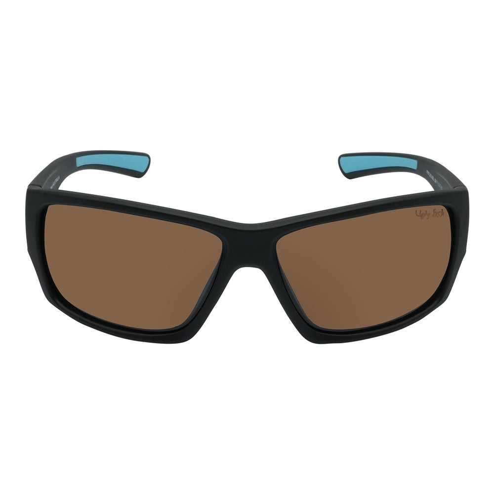 A pair of black Ugly Fish sunglasses with blue accents on the arms, featuring polarized lenses and designed to float on water.