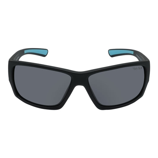 A pair of black Ugly Fish sunglasses with blue accents on the arms, featuring polarized lenses and designed to float on water.