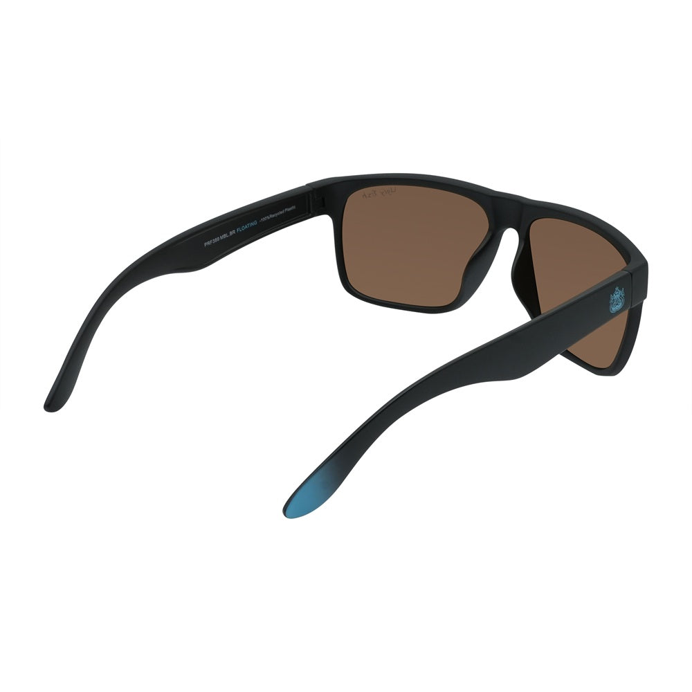 A pair of black Ugly Fish sunglasses with blue accents on the arms, featuring polarized lenses and designed to float on water.