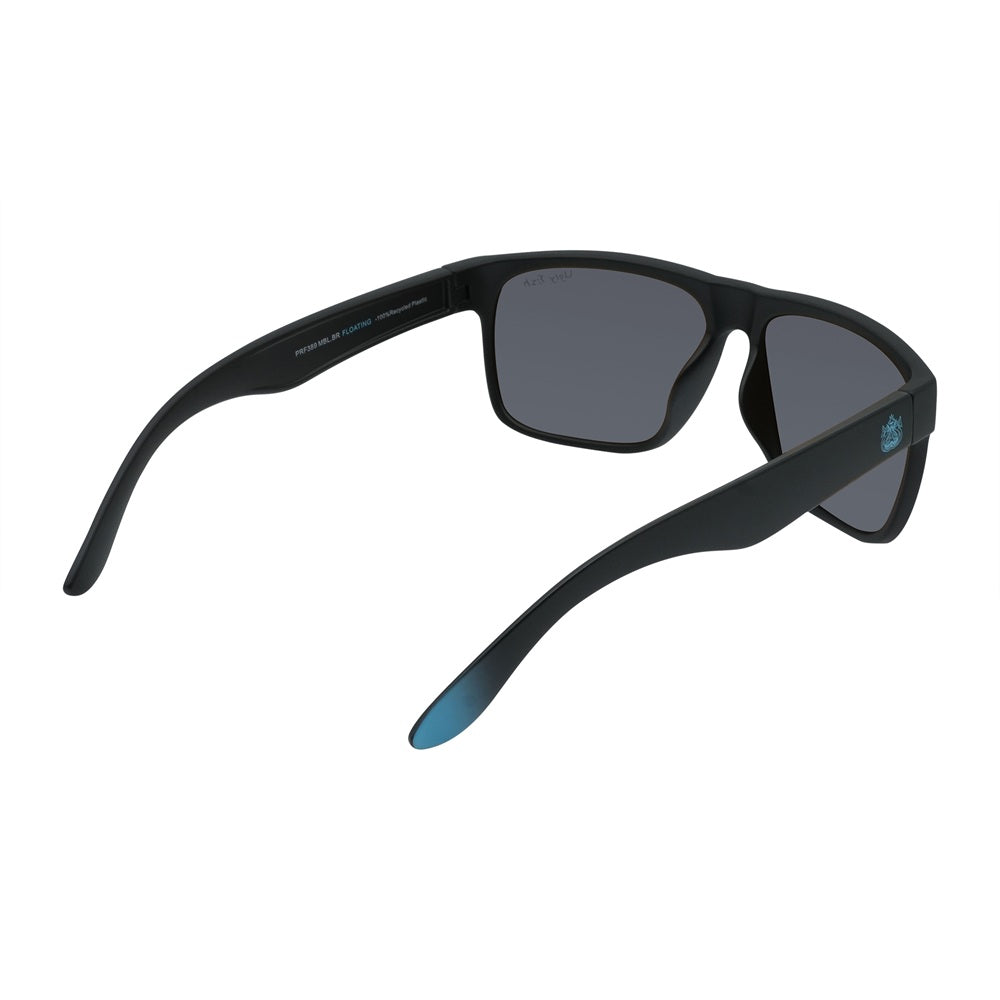 A pair of black Ugly Fish sunglasses with blue accents on the arms, featuring polarized lenses and designed to float on water.