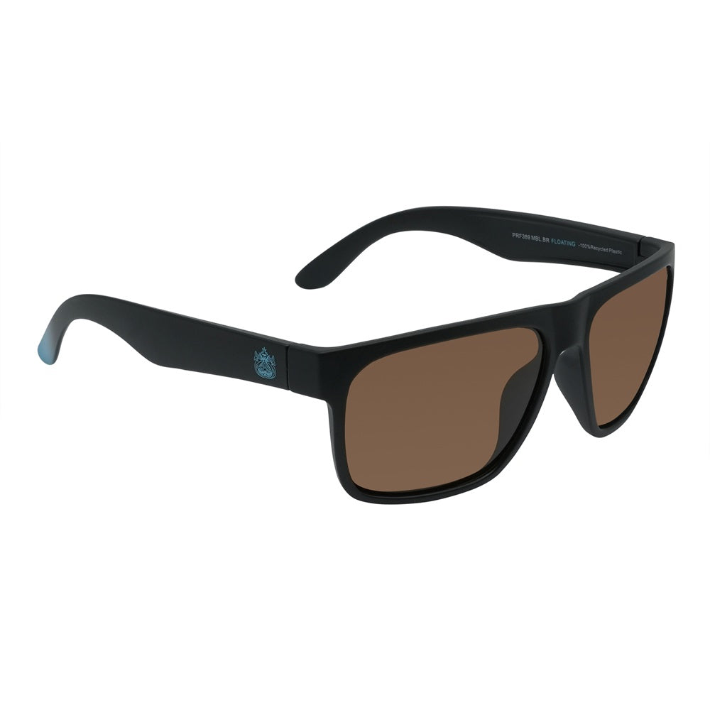 A pair of black Ugly Fish sunglasses with blue accents on the arms, featuring polarized lenses and designed to float on water.