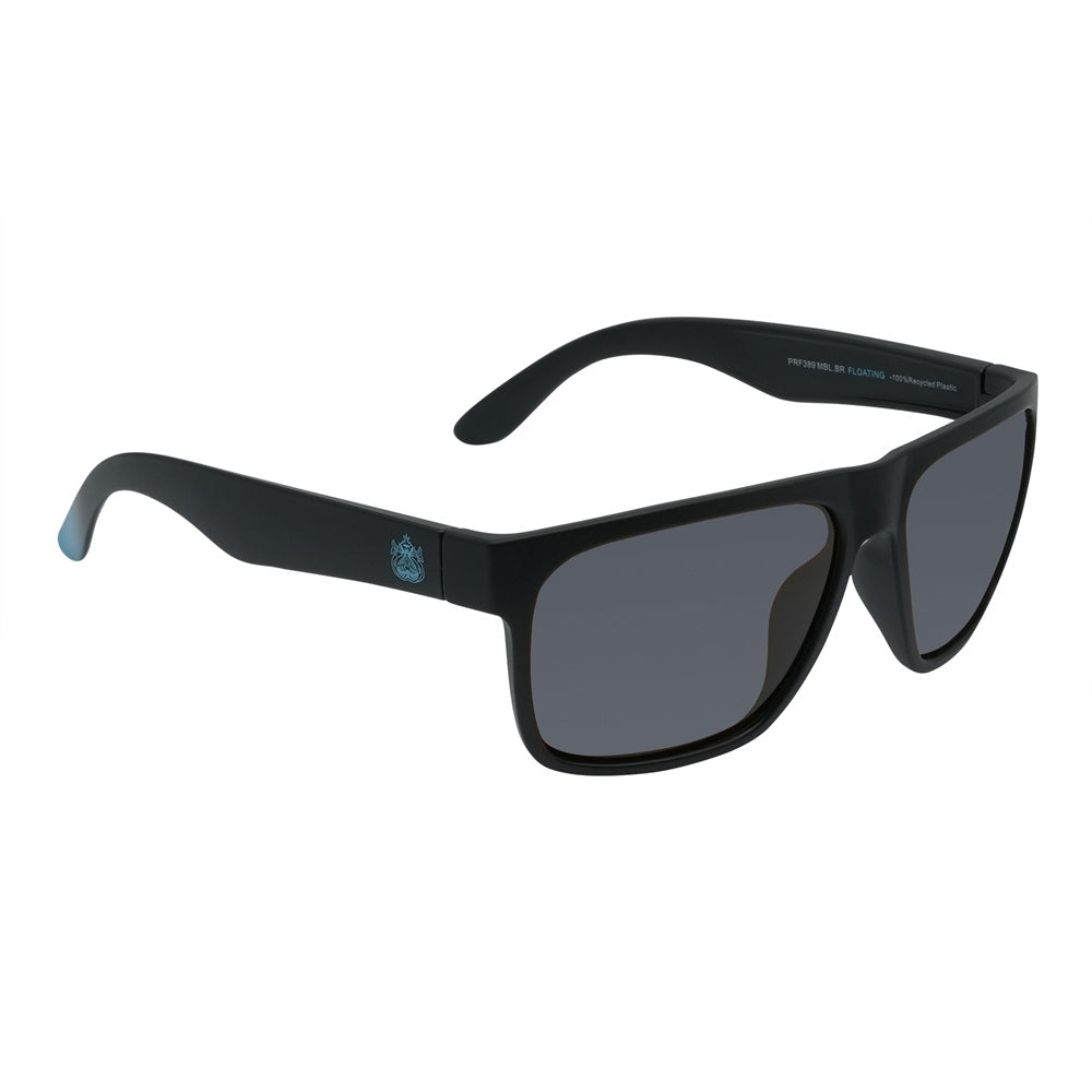 A pair of black Ugly Fish sunglasses with blue accents on the arms, featuring polarized lenses and designed to float on water.