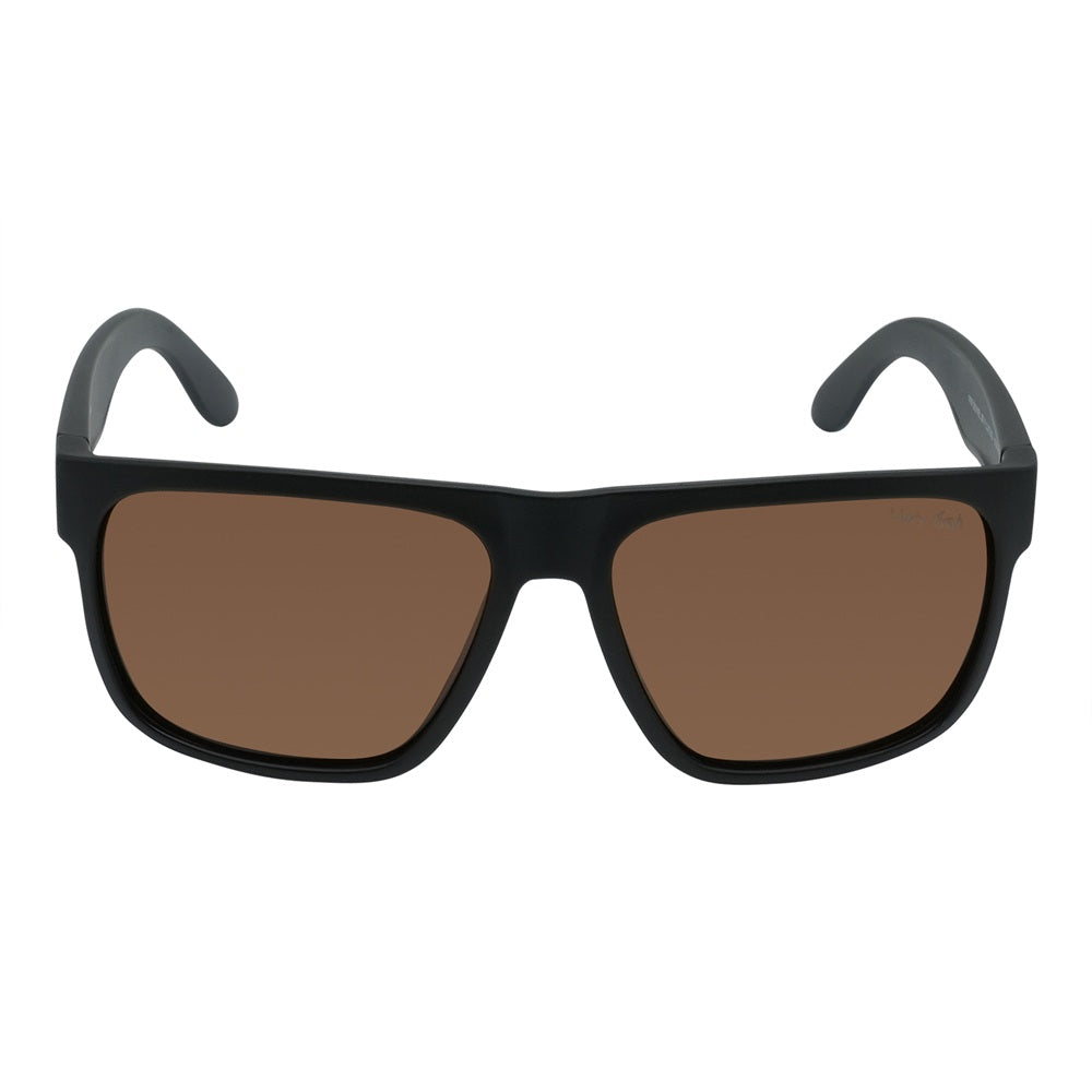 A pair of black Ugly Fish sunglasses with blue accents on the arms, featuring polarized lenses and designed to float on water.