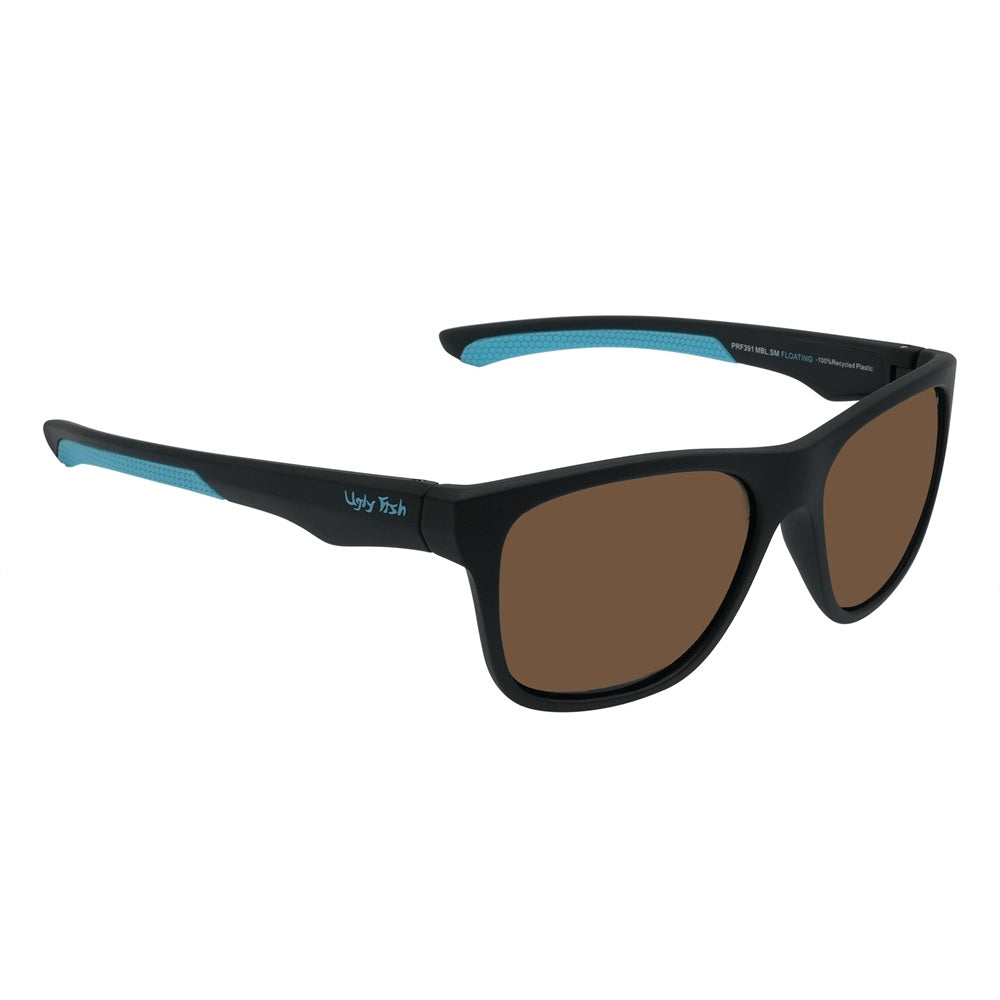 A pair of black Ugly Fish sunglasses with blue accents on the arms, featuring polarized lenses and designed to float on water.