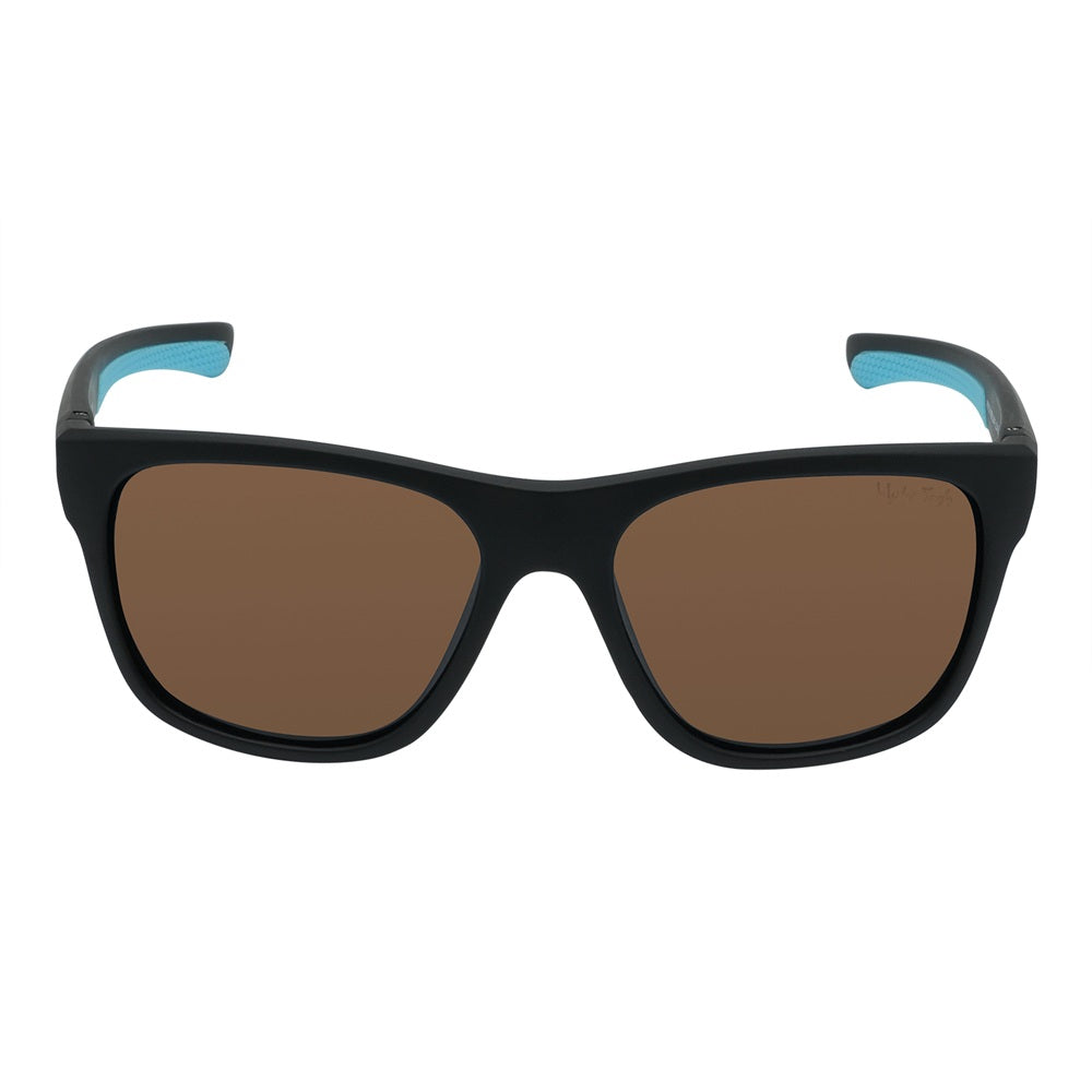 A pair of black Ugly Fish sunglasses with blue accents on the arms, featuring polarized lenses and designed to float on water.
