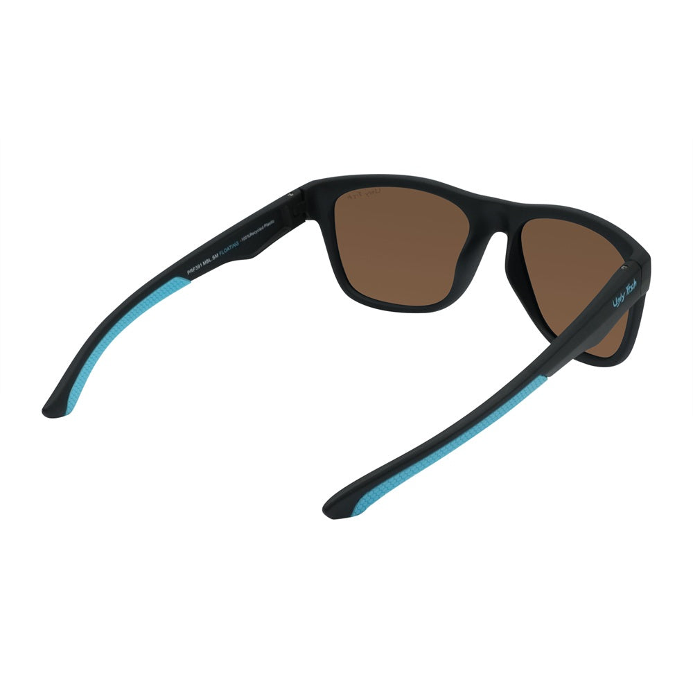 A pair of black Ugly Fish sunglasses with blue accents on the arms, featuring polarized lenses and designed to float on water.