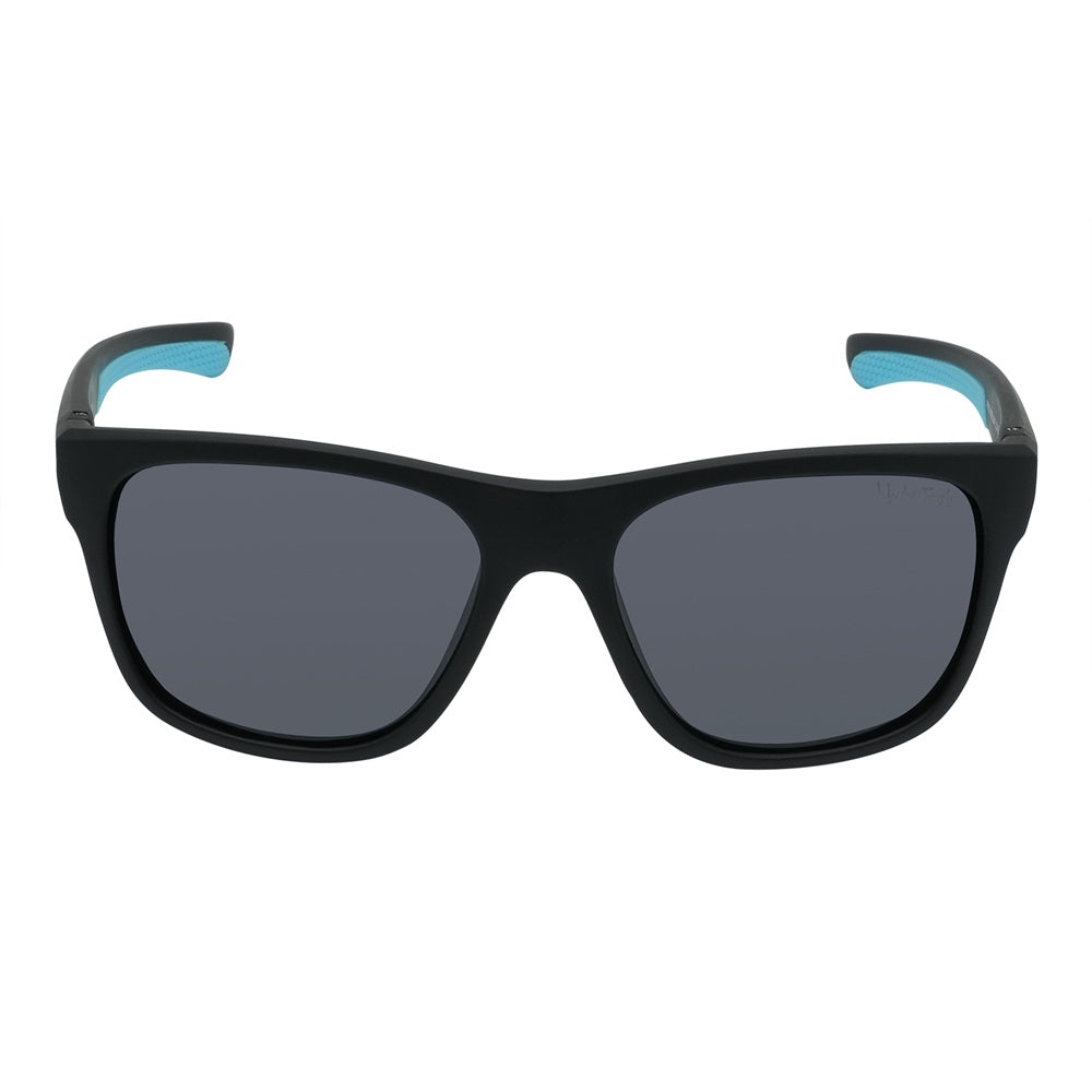 A pair of black Ugly Fish sunglasses with blue accents on the arms, featuring polarized lenses and designed to float on water.