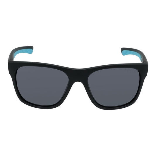 A pair of black Ugly Fish sunglasses with blue accents on the arms, featuring polarized lenses and designed to float on water.