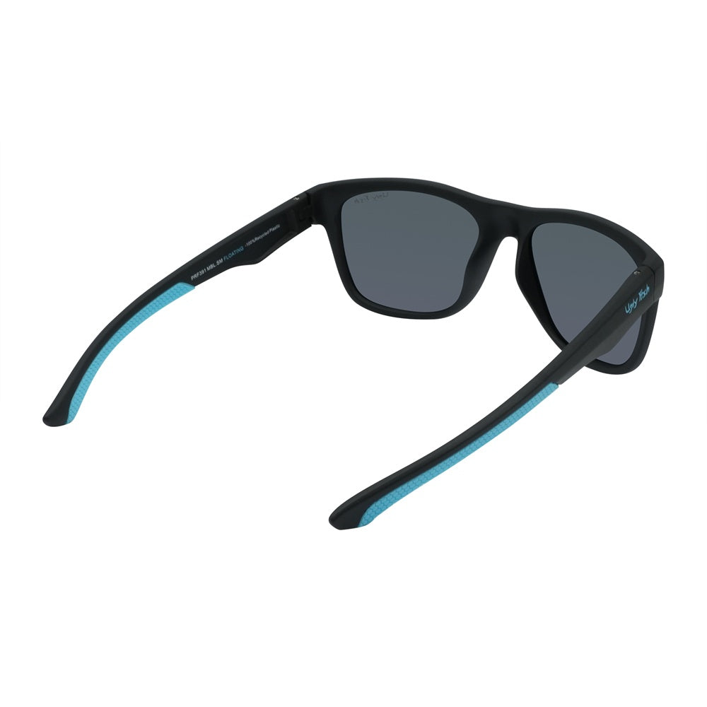 A pair of black Ugly Fish sunglasses with blue accents on the arms, featuring polarized lenses and designed to float on water.