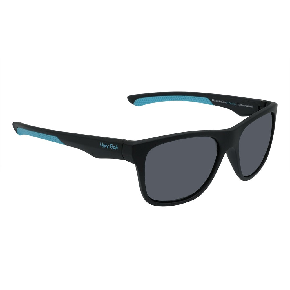 A pair of black Ugly Fish sunglasses with blue accents on the arms, featuring polarized lenses and designed to float on water.
