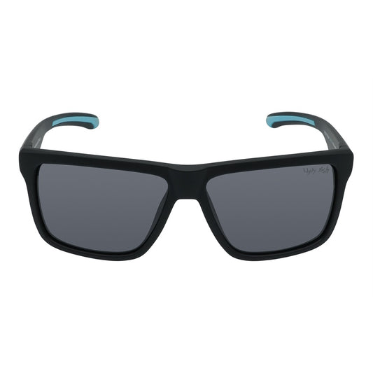 A pair of black Ugly Fish sunglasses with blue accents on the arms, featuring polarized lenses and designed to float on water.