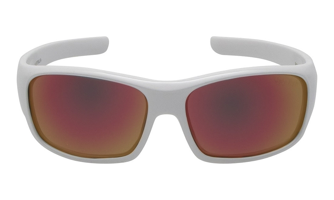 A pair of white polarised wrap sunglasses from Ugly Fish with a flexible frame and red lenses.
