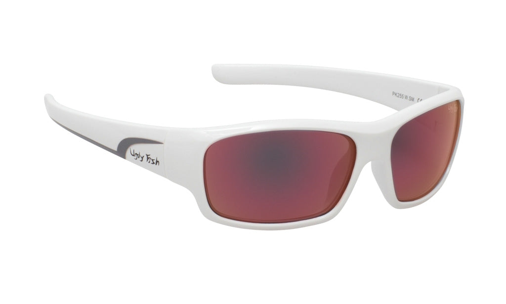 A pair of white polarised wrap sunglasses from Ugly Fish with a flexible frame and red lenses.