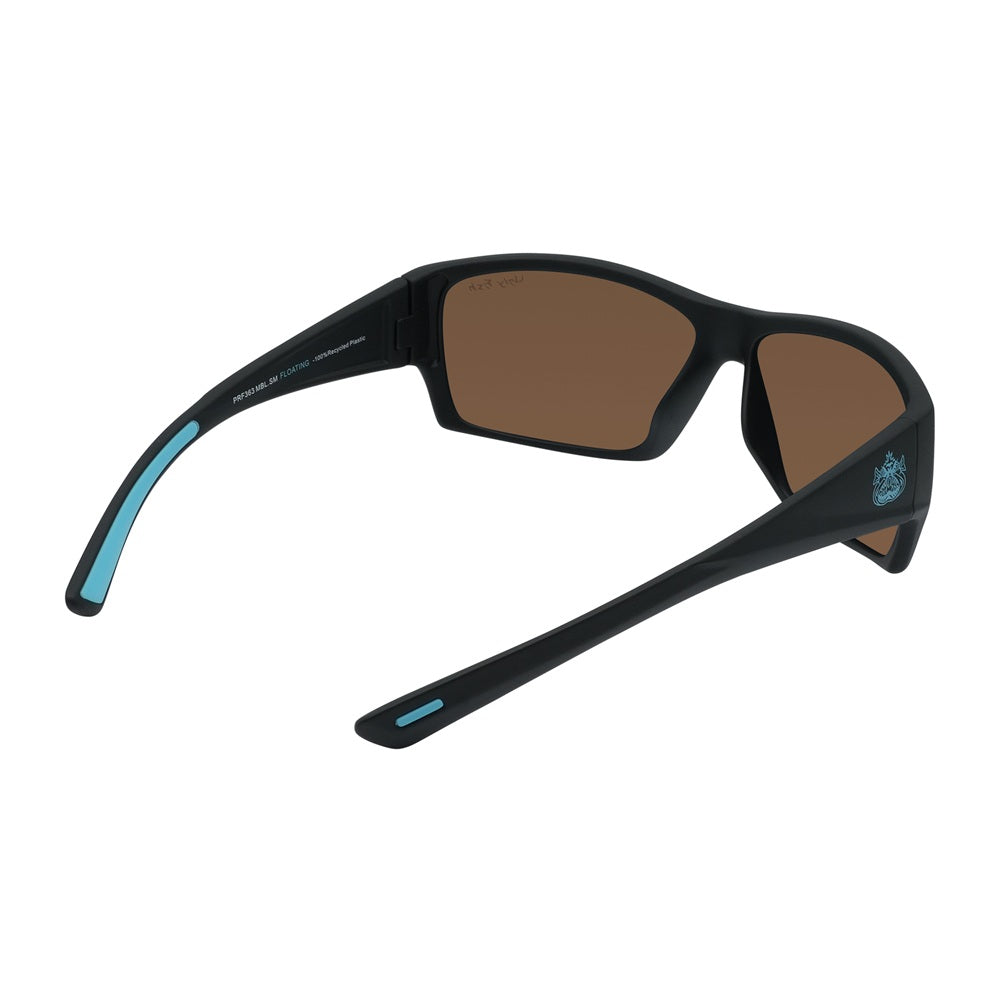A pair of black Ugly Fish sunglasses with blue accents on the arms, featuring polarized lenses and designed to float on water.