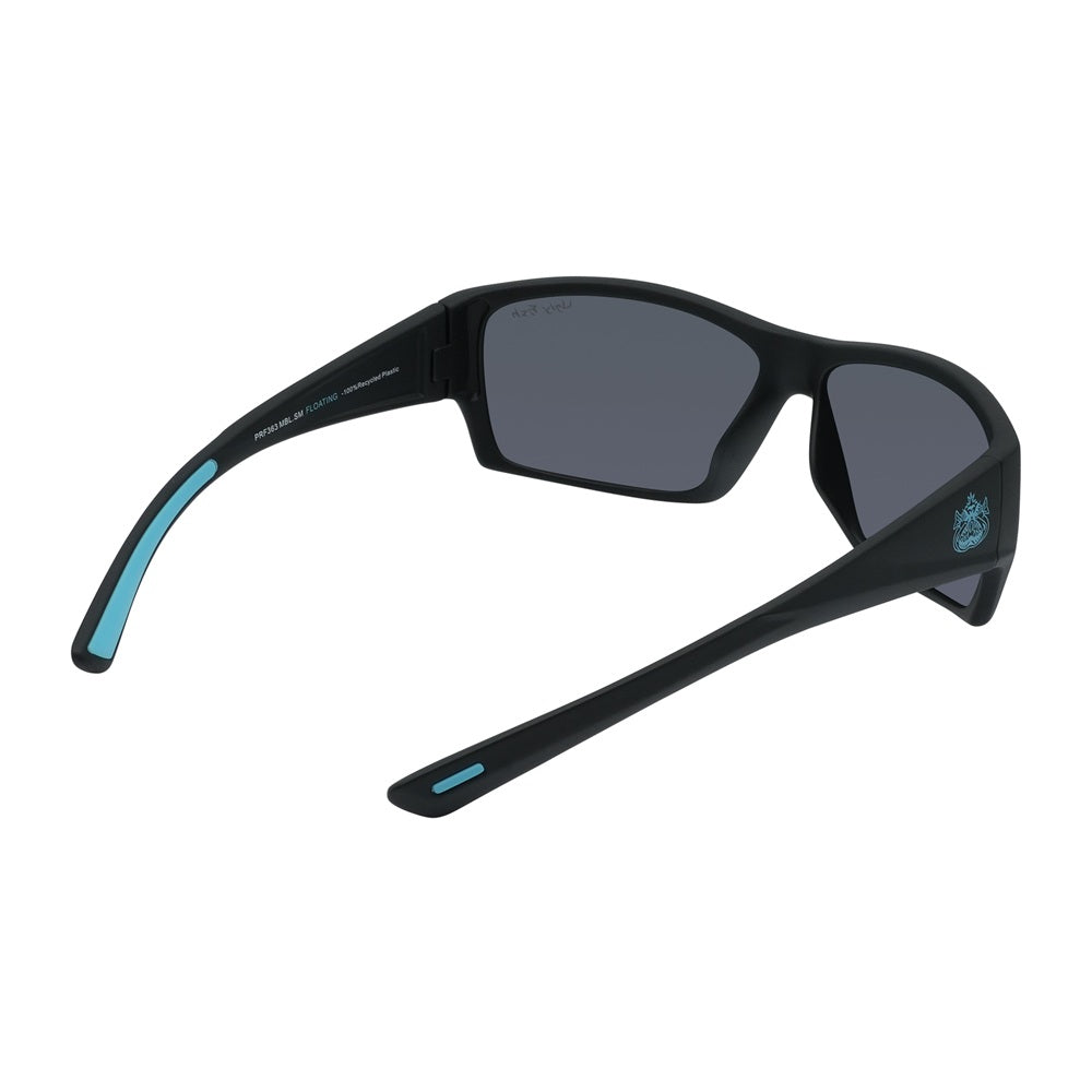 A pair of black Ugly Fish sunglasses with blue accents on the arms, featuring polarized lenses and designed to float on water.