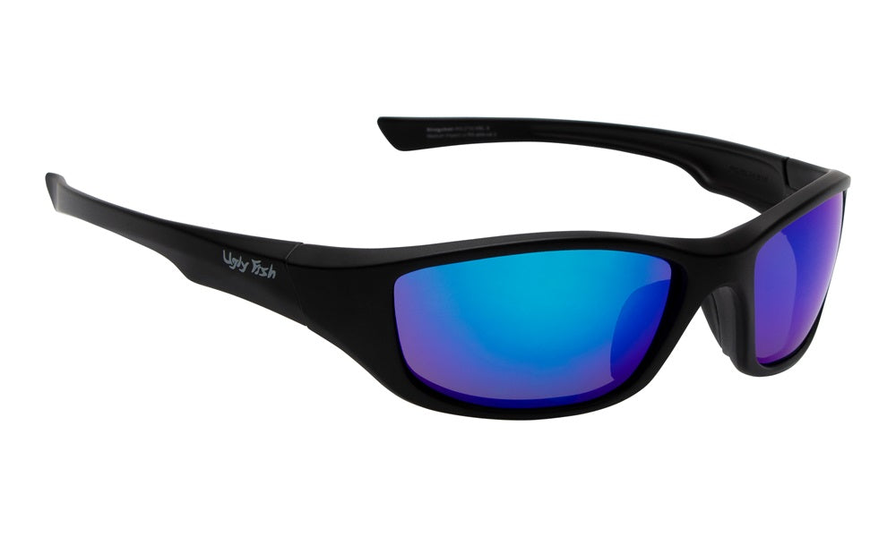 A pair of polarized Ugly Fish Sunglasses with blue lenses.