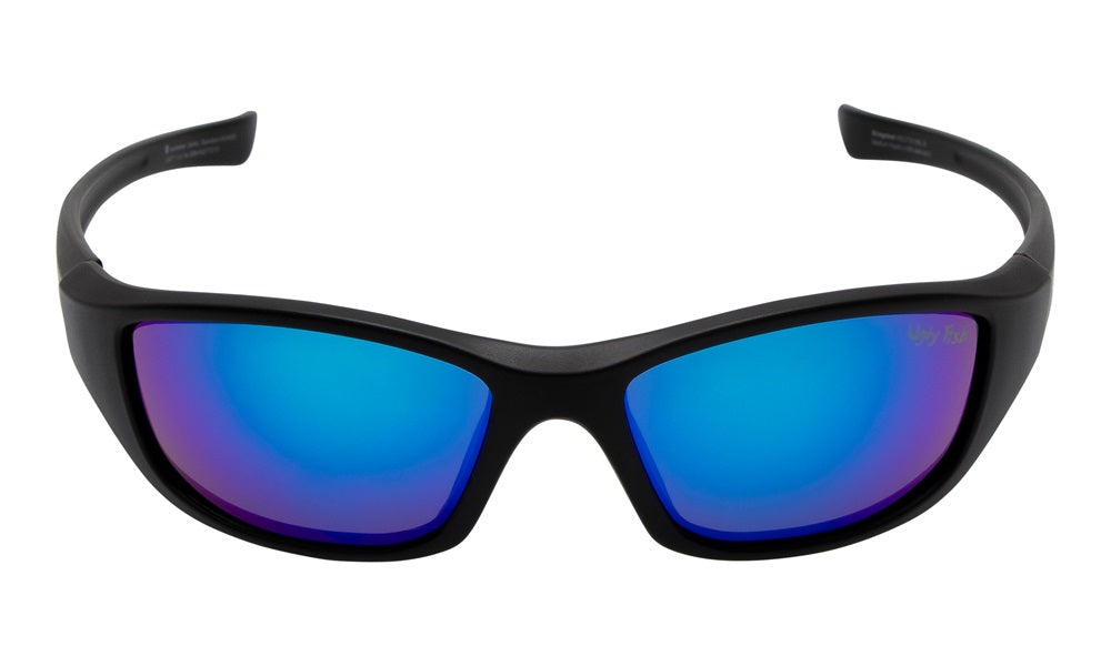 A pair of polarized Ugly Fish Sunglasses with blue lenses.