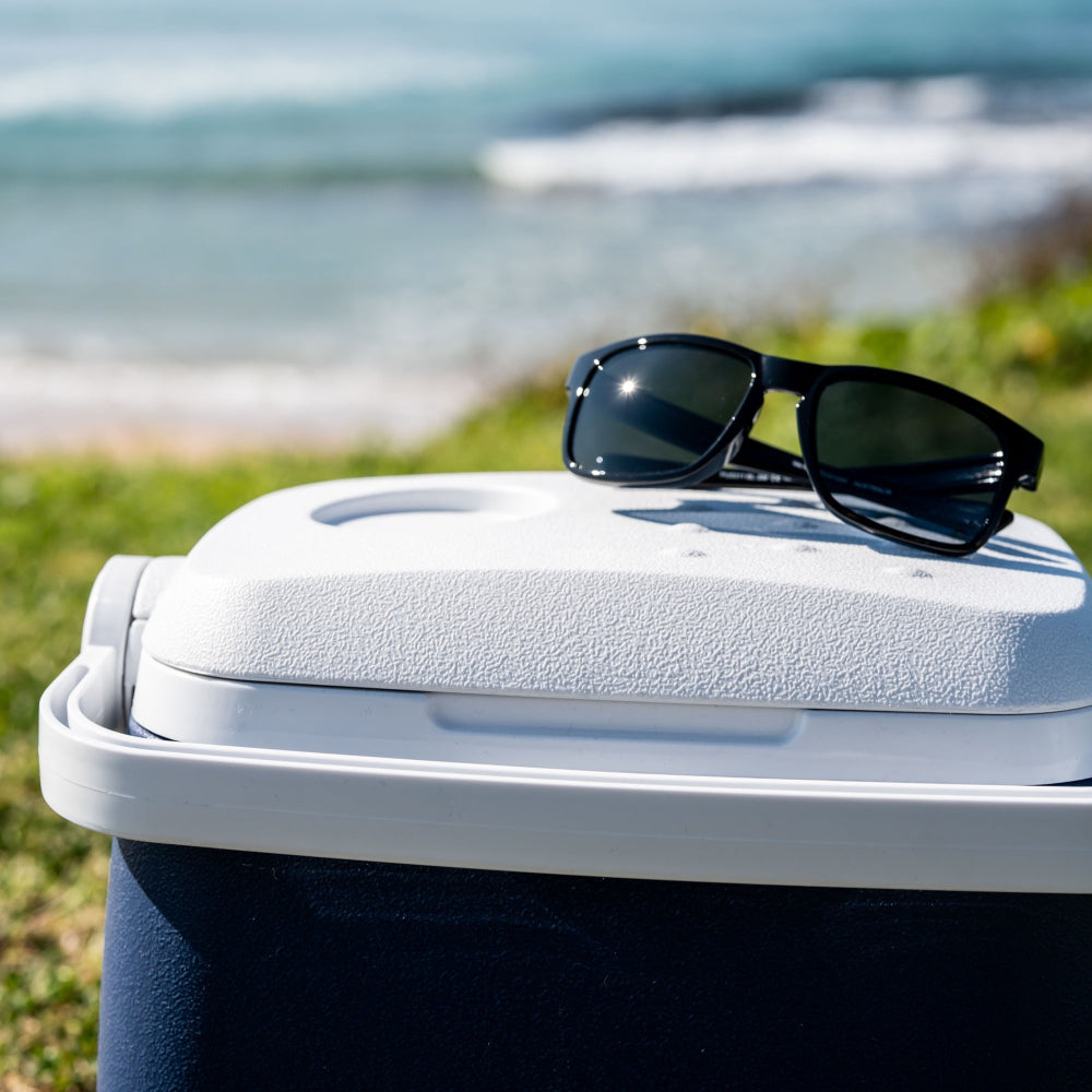 Ugly Fish unbreakable sunglasses on a cooler with a beach in the background
