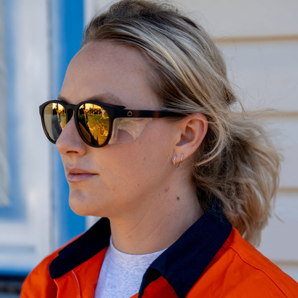 Person wearing Ugly Fish Safety sunglasses and an orange jacket with a neutral background.