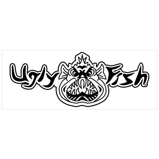 A black and white vinyl sticker with a design resembling a cartoonish fish and the text 'UGLY FISH' in bold letters.