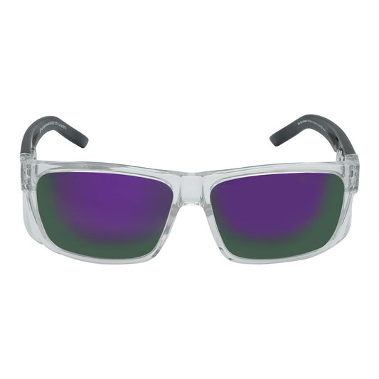 Polarised mirror safety sunglasses with a wrap around frame and purple lenses.
