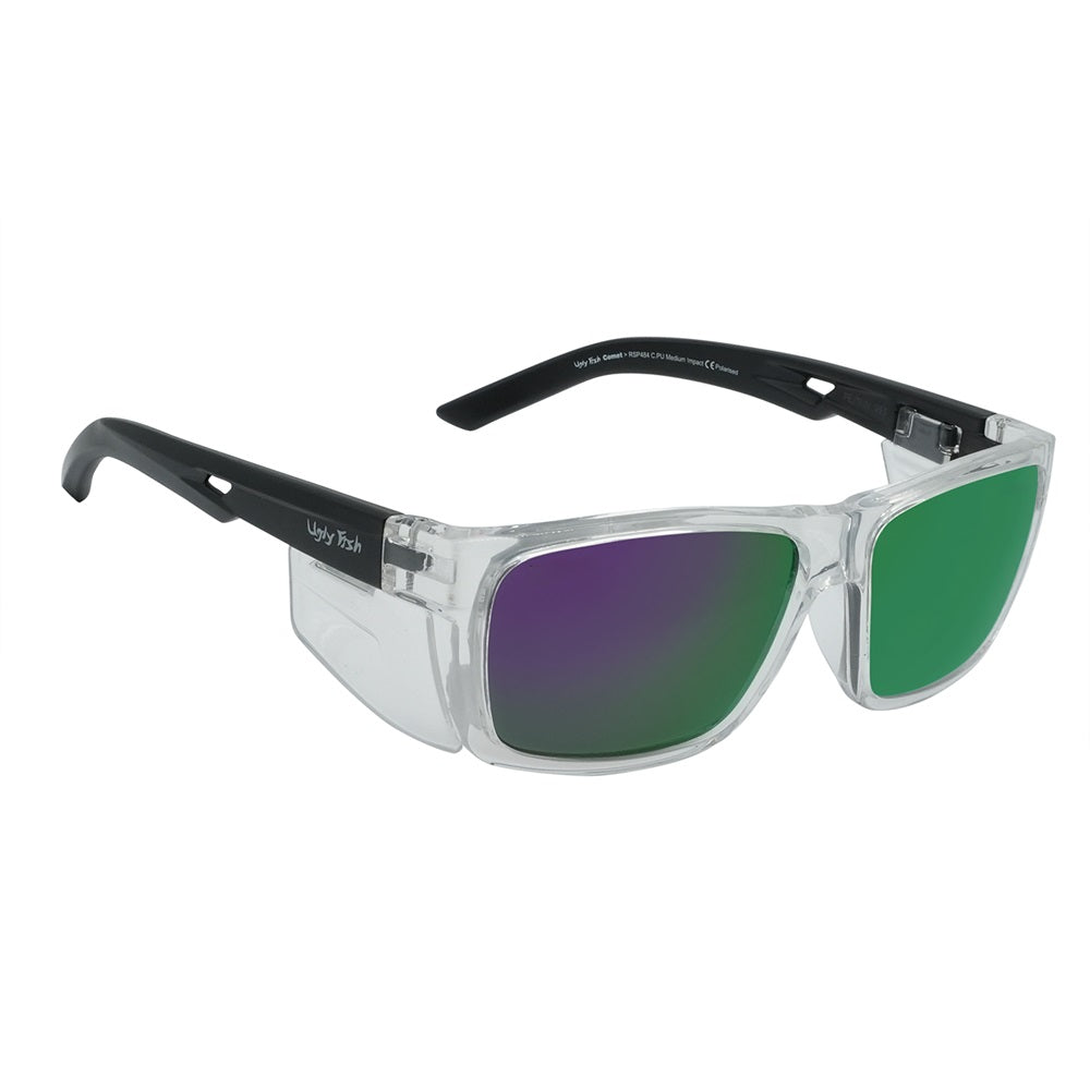 Polarised mirror safety sunglasses with a wrap around frame and purple lenses.