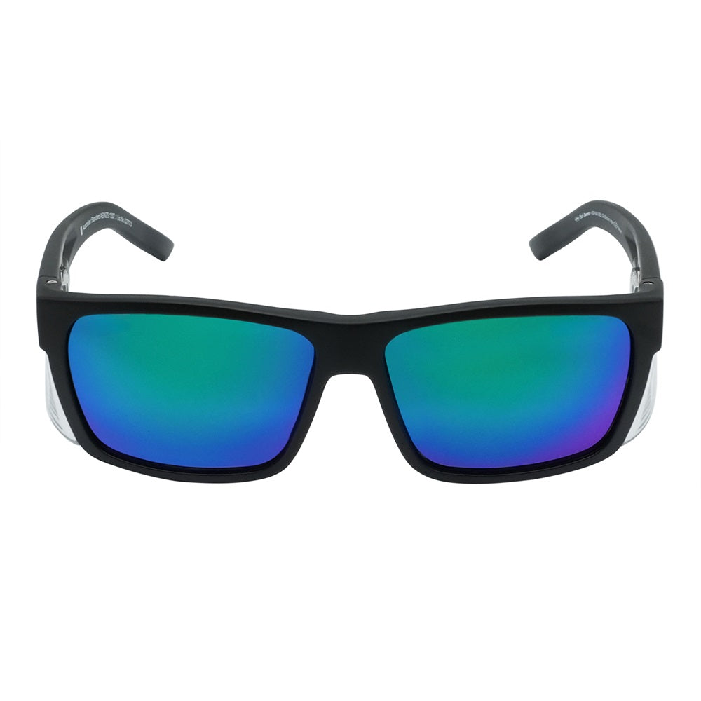 Polarised mirror safety sunglasses with a wrap around frame and purple lenses.
