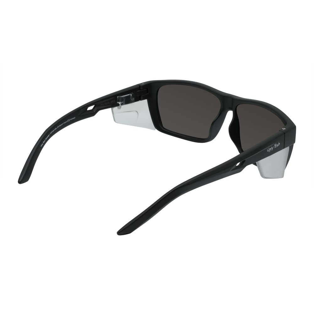 Polarised mirror safety sunglasses with a wrap around frame and purple lenses.