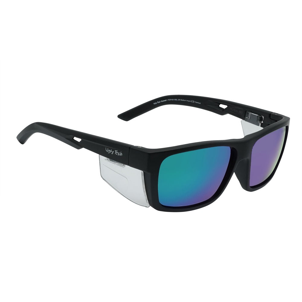 Polarised mirror safety sunglasses with a wrap around frame and purple lenses.