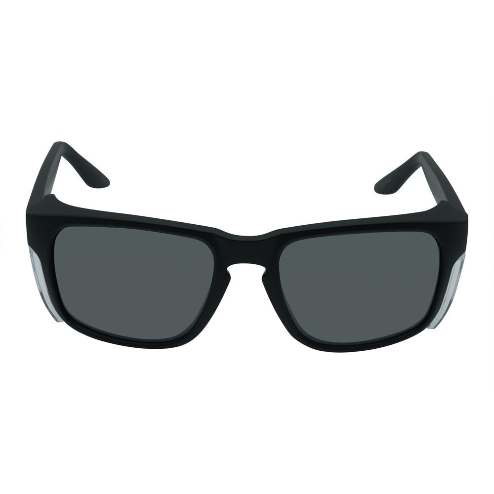 Polarised safety sunglasses with a wrap-around black frame and side shields.
