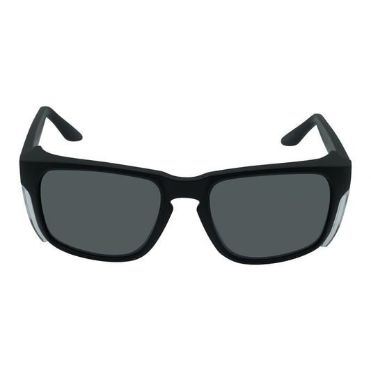 Polarised safety sunglasses with a wrap-around black frame and side shields.