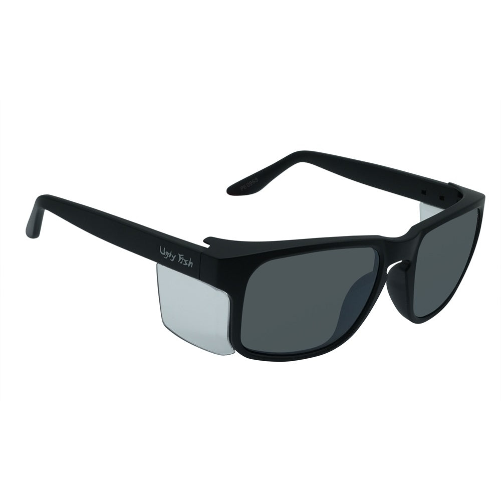 Polarised safety sunglasses with a wrap-around black frame and side shields.