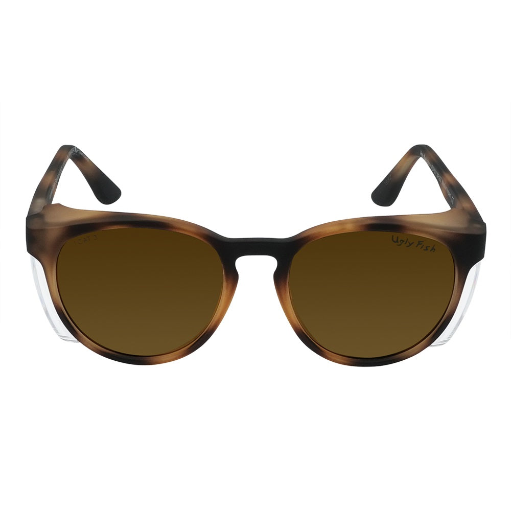 A pair of brown polarised safety sunglasses with a wrap-around frame design.