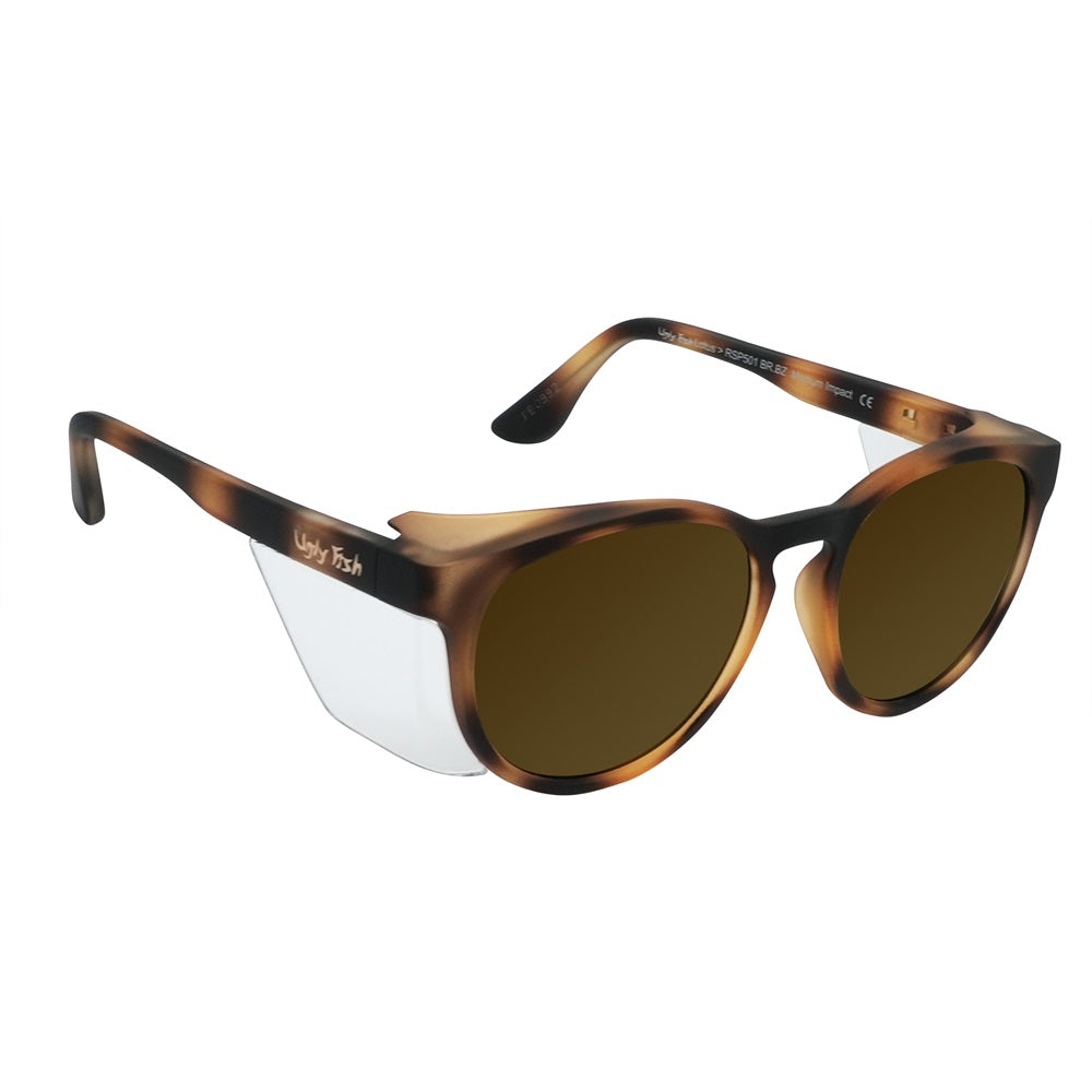 A brown pair of safety sunglasses with side shields on a white background