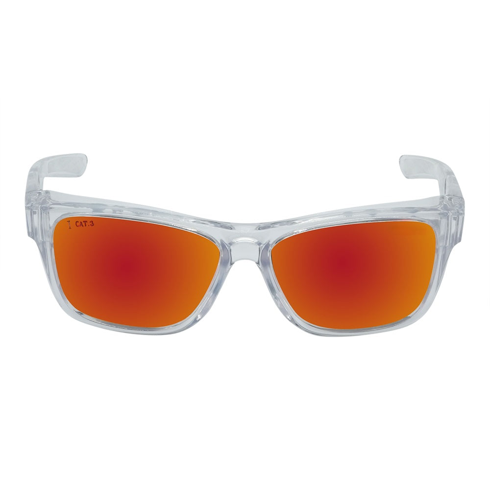 Polarised mirror safety sunglasses with a wrap around frame and orange-tinted lenses.