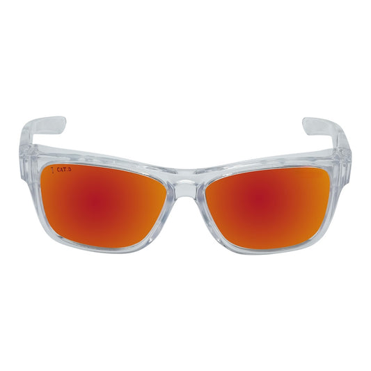 Polarised mirror safety sunglasses with a wrap around frame and orange-tinted lenses.