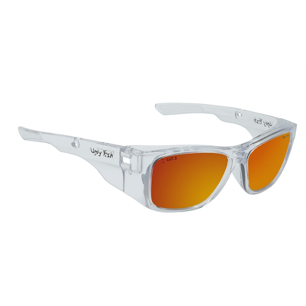 Polarised mirror safety sunglasses with a wrap around frame and orange lenses.