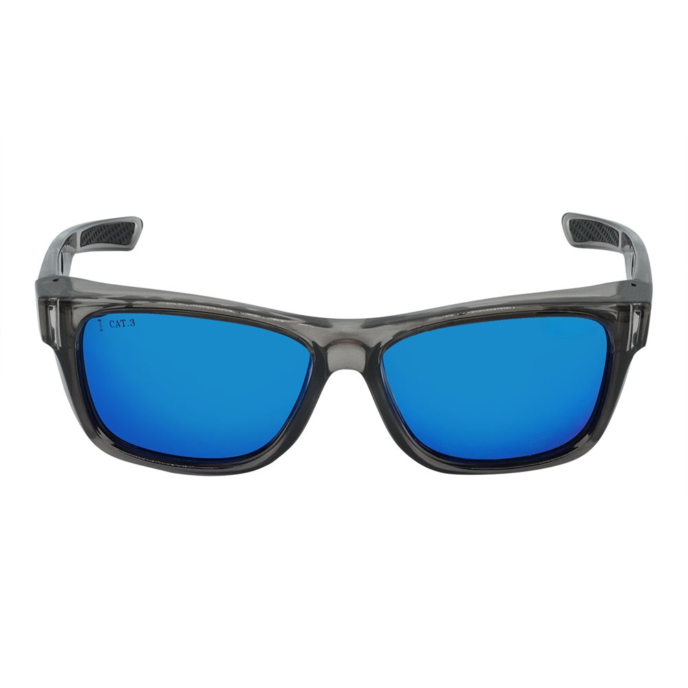 Polarised mirror safety sunglasses with a wrap around frame and purple lenses.