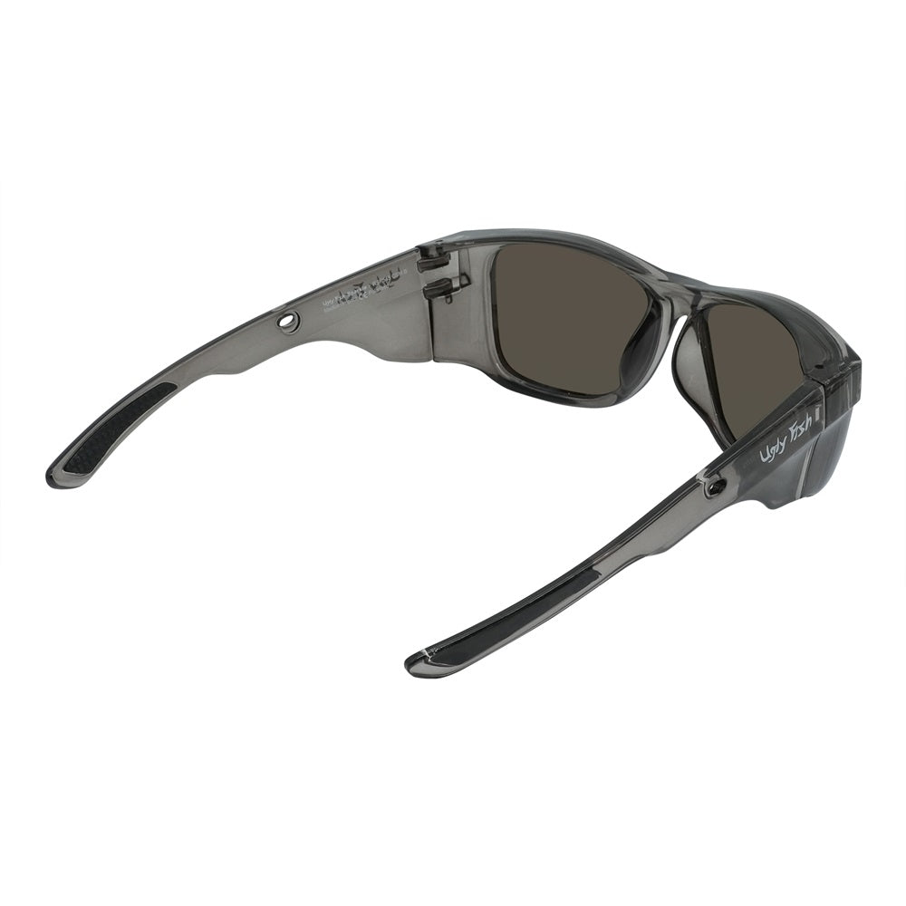 Polarised mirror safety sunglasses with a wrap around frame and dark lenses.