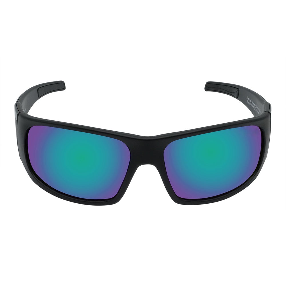 A pair of polarised mirror safety sunglasses with a wrap around frame and blue-tinted lenses.
